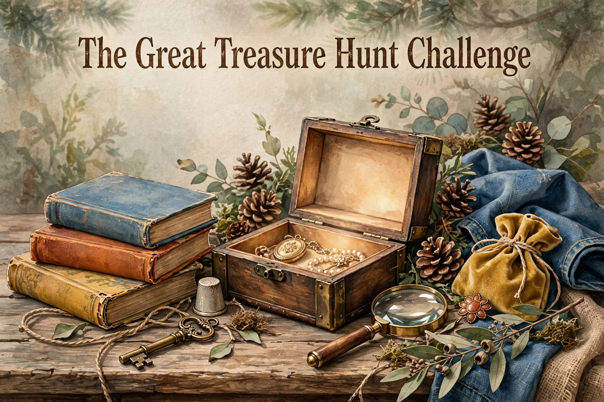 The Great Treasure Hunt Challenge — a watercolor still life of old books, an open treasure chest, a brass key, and a magnifying glass
